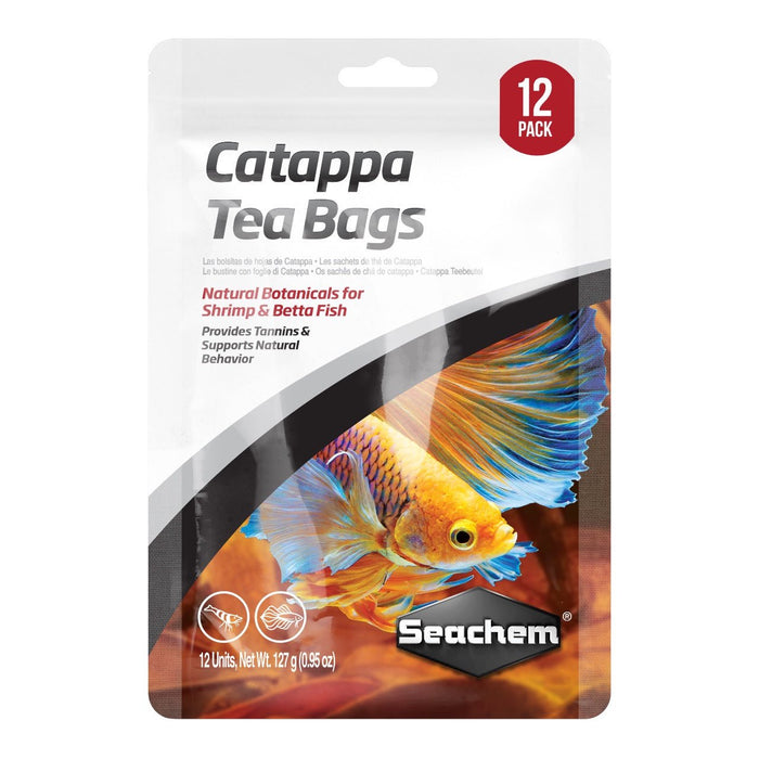 Seachem Catappa Tea Bags packaging for shrimp and Betta fish, featuring natural botanicals to enhance aquarium environments.