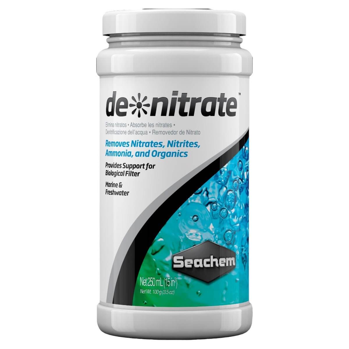 Seachem deNirate container, removes nitrates, nitrites, ammonia for marine and freshwater aquariums.