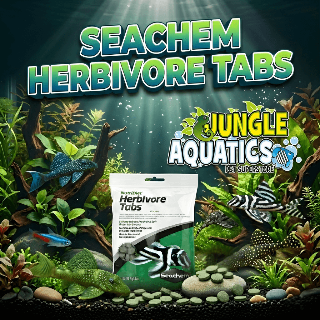 Seachem Herbivore Tabs 85g package displayed in an aquatic environment with plants and fish.