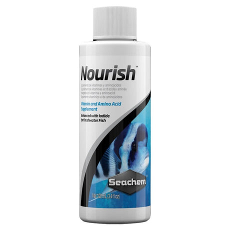 Seachem Nourish 100ml vitamin and amino acid supplement for freshwater fish, enhanced with iodide to prevent deficiencies.