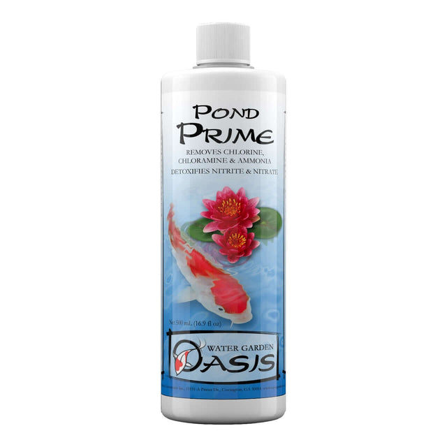 Seachem Pond Prime bottle, removes chlorine, detoxifies ammonia for decorative ponds.