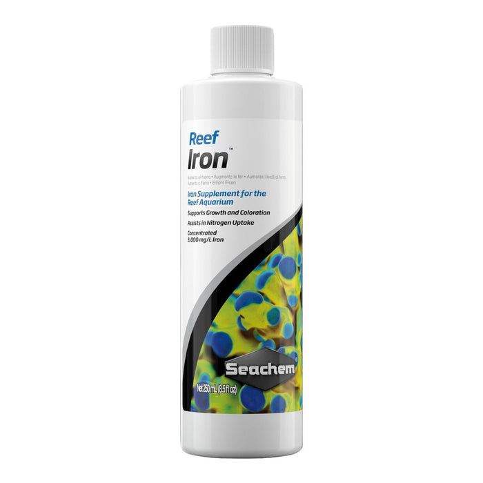 Seachem Reef Iron iron supplement for reef aquariums, enhances coral growth and coloration, concentrated 5000 mg/L iron.