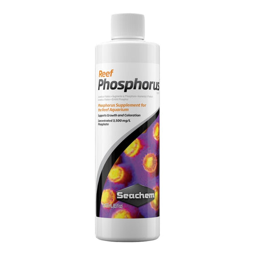 Seachem Reef Phosphorus bottle, phosphorus supplement for reef aquariums, supports coral growth and coloration.