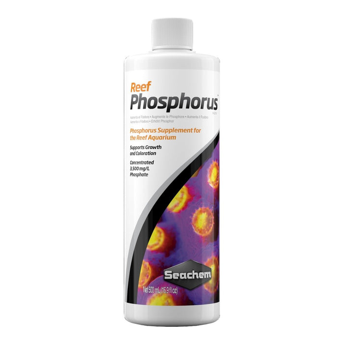 Seachem Reef Phosphorus supplement bottle for reef aquariums, supporting coral growth and color with 3,500 mg/L phosphate.