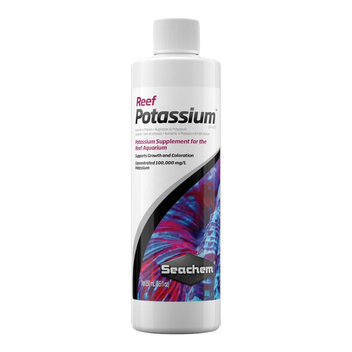 Seachem Reef Potassium potassium supplement for reef aquariums, supports growth and coloration, 100,000 mg/L concentration.