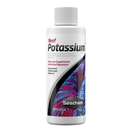 Seachem Reef Potassium bottle, potassium supplement for reef aquariums, concentrated for coral growth and coloration.