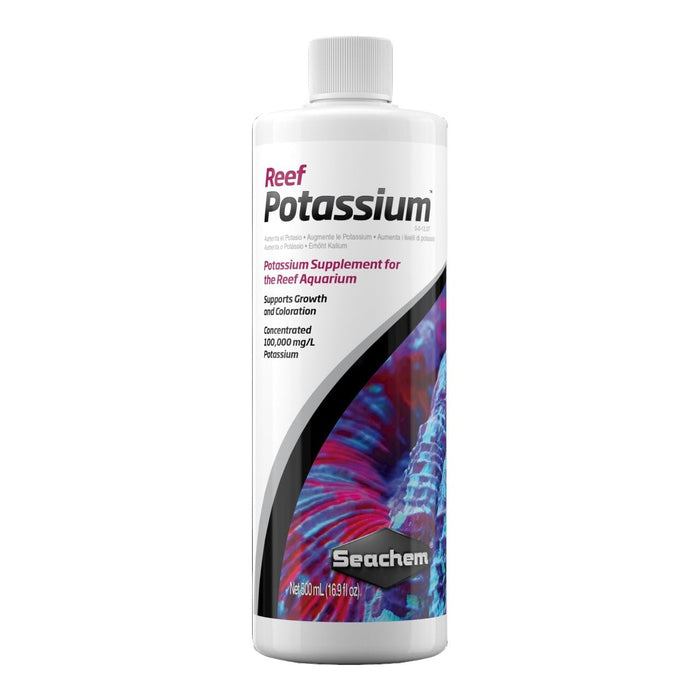 Seachem Reef Potassium supplement for reef aquariums, supporting growth and coloration of corals and macroalgae.