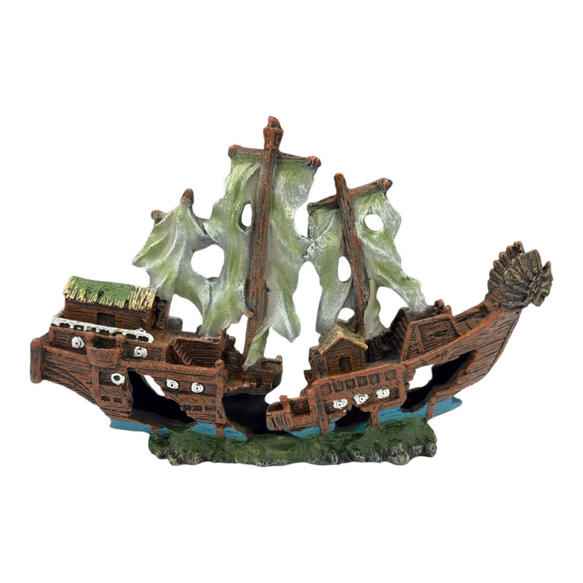 Seaguardian Shipwreck Ornament showcasing a detailed shipwreck scene with torn sails and weathered hull.