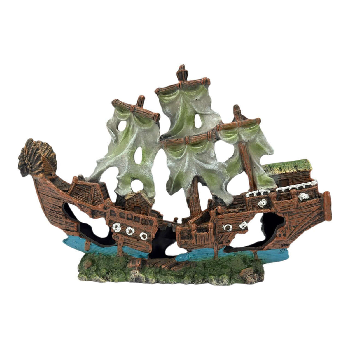 Seaguardian Shipwreck Ornament detailed shipwreck decoration with weathered hull and torn sails, ideal for aquariums.