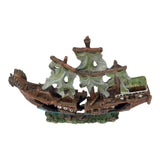 Seaguardian Shipwreck Ornament featuring a weathered ship hull, torn sails, and green accents, ideal for aquarium decoration.