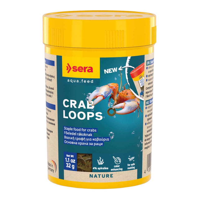 Sera Crab Loops 100ml jar, healthy staple food for crabs with spirulina and willow bark for growth and safe molting.