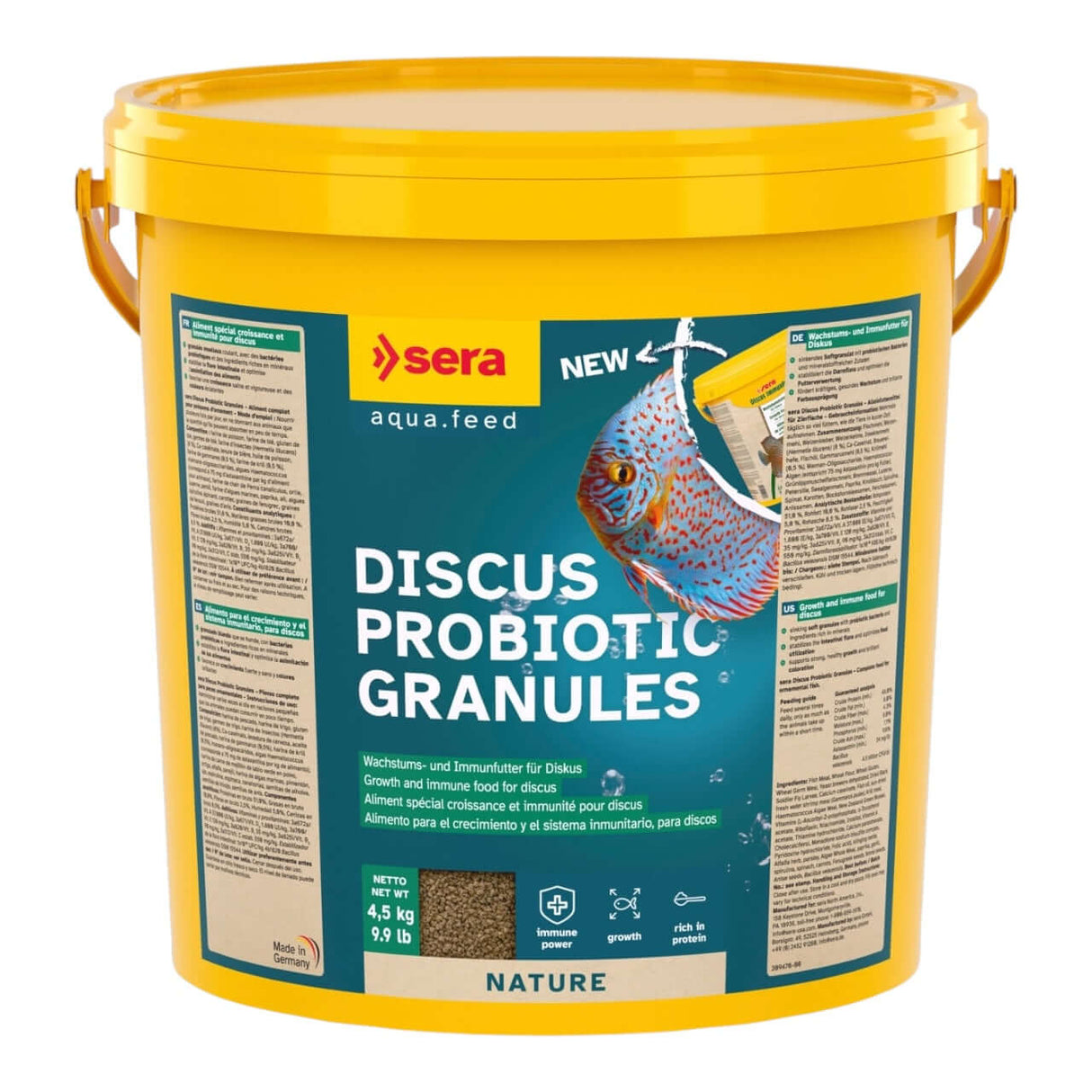 Sera Discus Probiotic Granules 4.5 kg container for discus growth, immune support, and vibrant coloration.