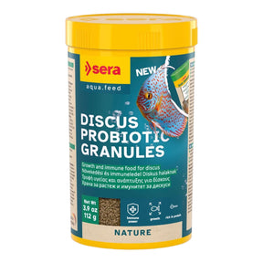 Sera Discus Probiotic Granules jar, growth-enhancing food for discus fish with probiotics and essential nutrients.