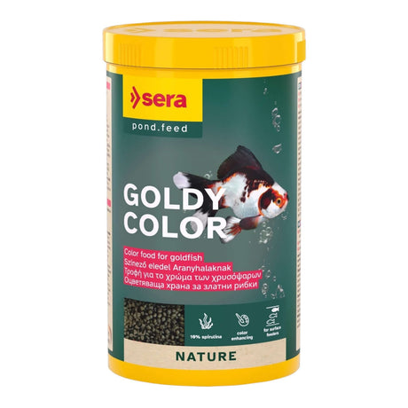Sera Goldy Color Granules for goldfish, high in spirulina to enhance color and health, ideal for larger fancy breeds.