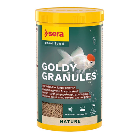 Sera Goldy Granules for larger goldfish, floating granules promoting growth and immunity, 4% insect meal, high digestibility.