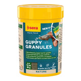 Sera Guppy Granules packaging, color-enhancing staple food for guppies with natural ingredients for vibrant health and color.