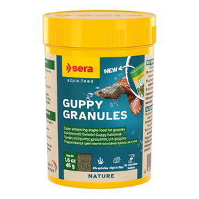 Sera Guppy Granules packaging, color-enhancing staple food for guppies with natural ingredients for vibrant health and color.