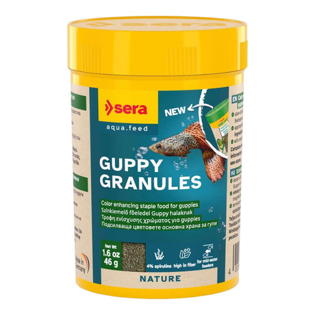 Sera Guppy Granules packaging, color-enhancing staple food for guppies with natural ingredients for vibrant health and color.