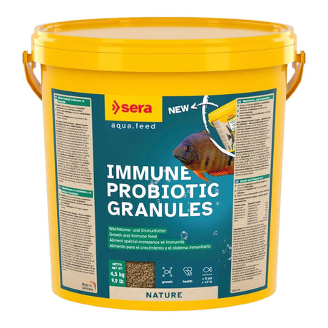 Sera Immune Probiotic Granules for ornamental fish, promoting growth and immune health with high protein content.