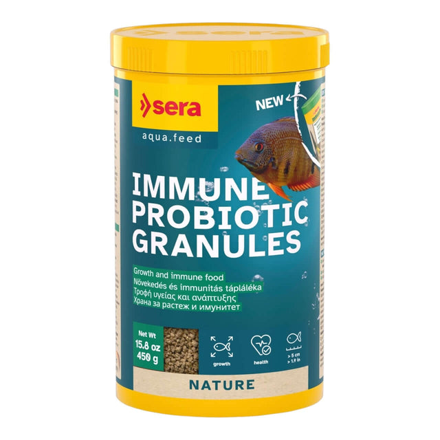 Sera Immune Probiotic Granules for ornamental fish, promoting growth and immune health, 450g container.