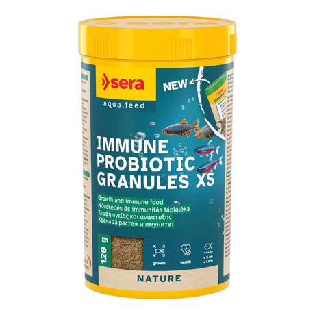 Sera Immune Probiotic Granules XS for ornamental fish, promoting growth and health with slow-sinking granules.