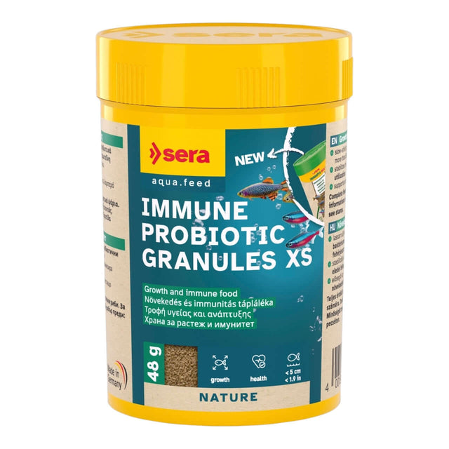 Sera Immune Probiotic Granules XS for ornamental fish growth and health, 48g container with fine granules.