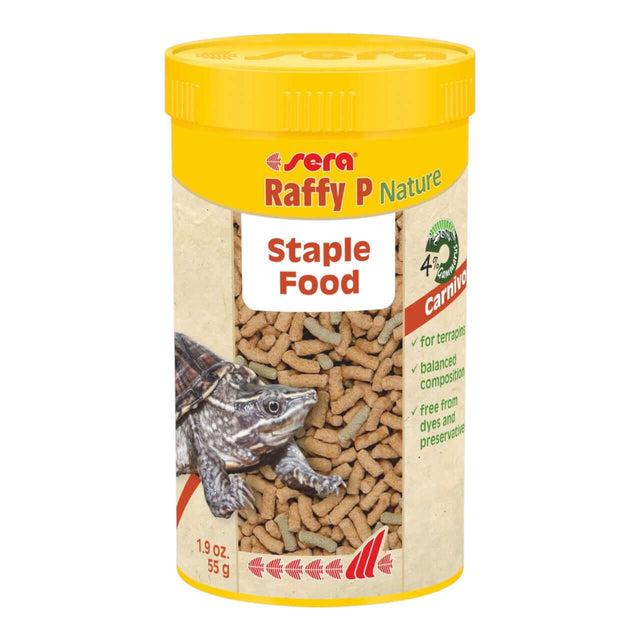 Sera Raffy P Nature staple food for terrapins in a 1.9 oz container, featuring granules with balanced ingredients.