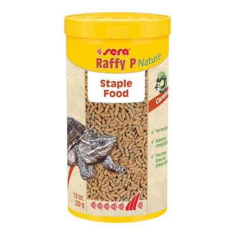 Sera Raffy P Nature staple food for terrapins in a yellow container with granules for carnivorous reptiles.