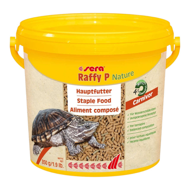 Sera Raffy P Nature terrapin food in a yellow bucket, ideal for carnivorous reptiles with balanced nutrients.