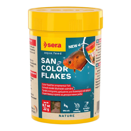 Sera San Color Flakes container for ornamental fish, enhancing color with 10% krill and algae, dye-free, 22g.
