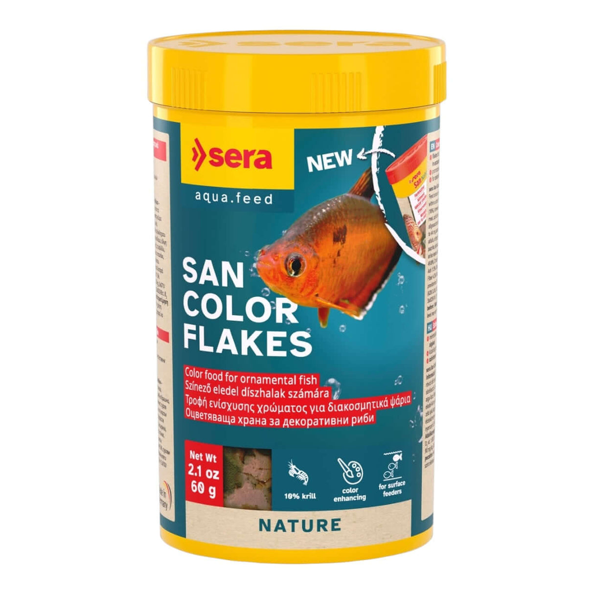 Sera San Color Flakes, color food for ornamental fish, 10% krill, promotes vibrant fish color without dyes.