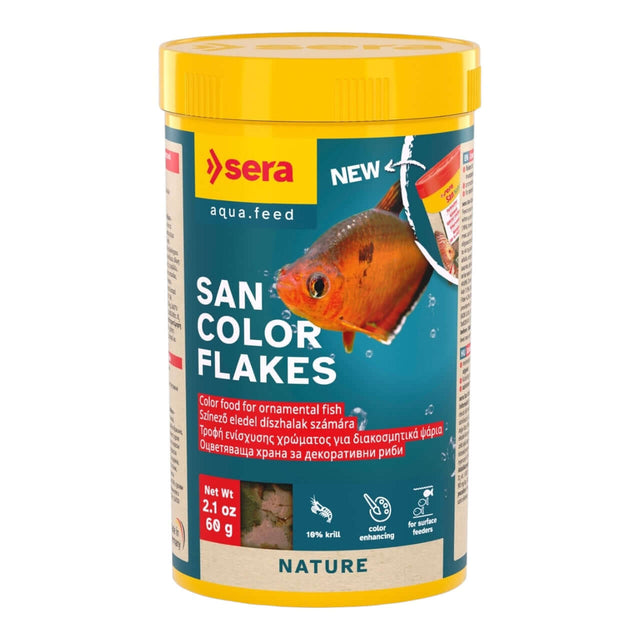 Sera San Color Flakes, color food for ornamental fish, 10% krill, promotes vibrant fish color without dyes.