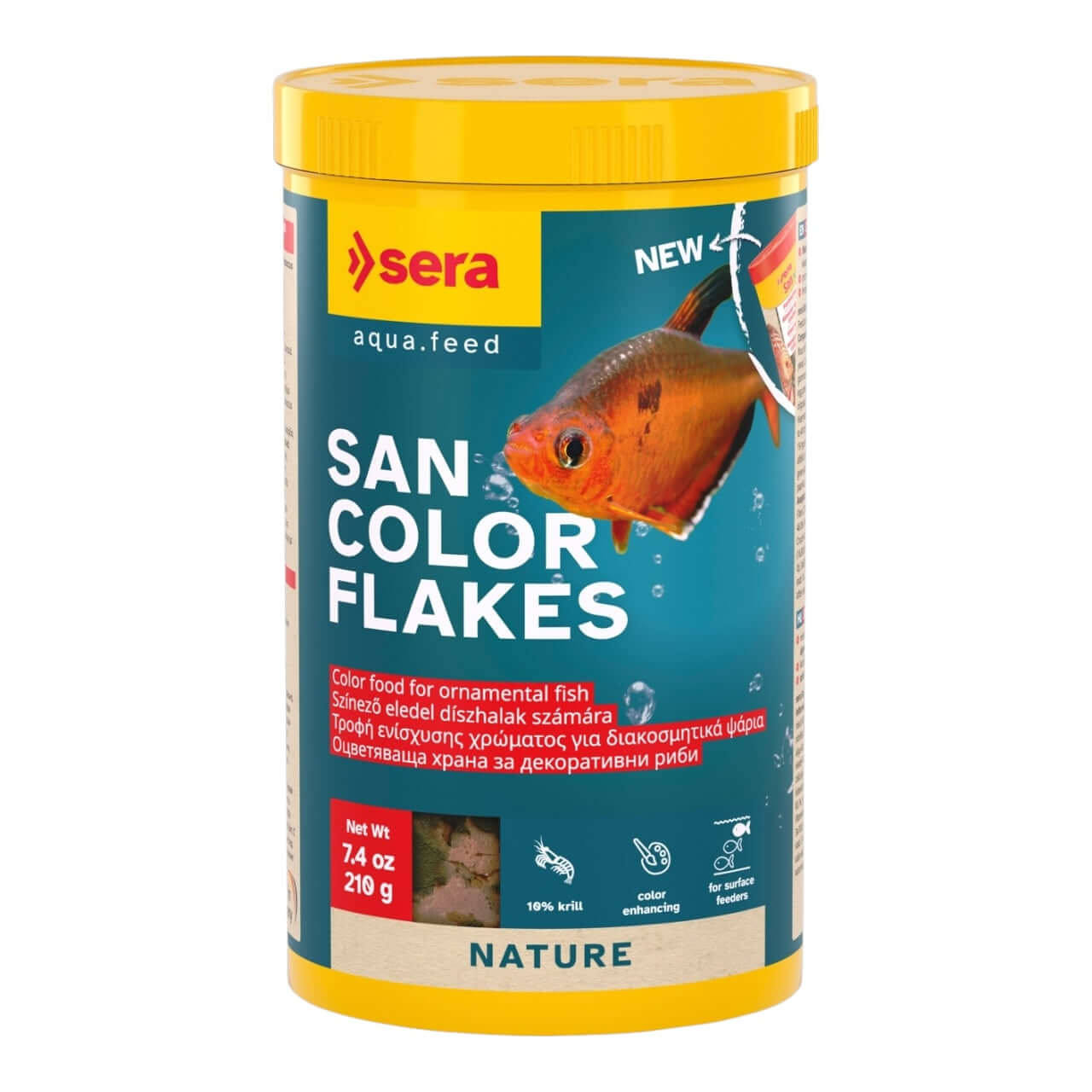 Sera San Color Flakes container for ornamental fish, color-enhancing flakes with 10% krill, natural ingredients.