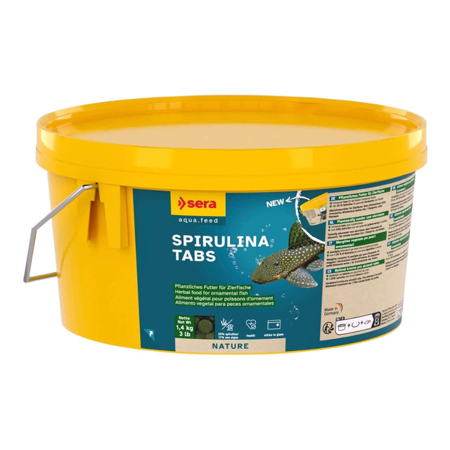 Sera Spirulina Tabs container for ornamental fish food with sinking tablets for healthy digestion and vibrant aquatic life.