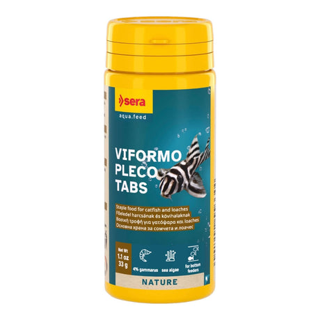 Sera Viformo Pleco Tabs for catfish and loaches, packed in a yellow container with sea algae and gammarus for healthy fish growth.