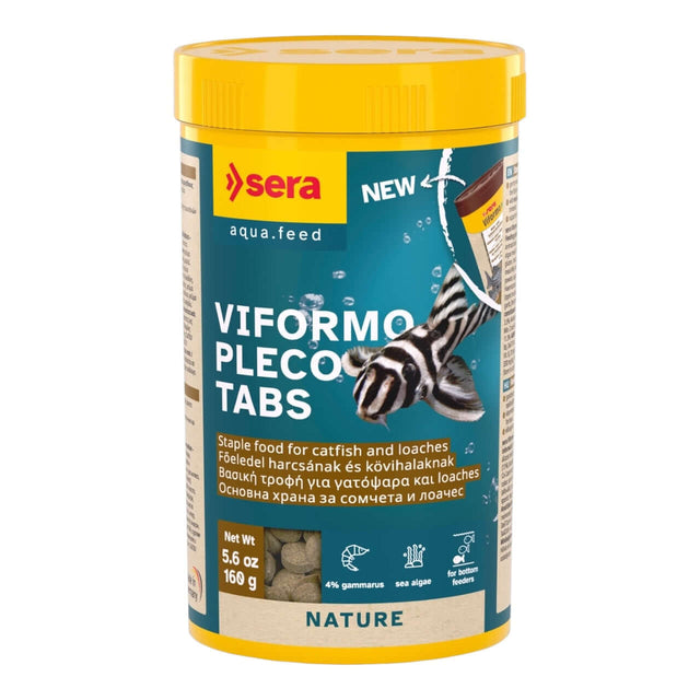 Sera Viformo Pleco Tabs, staple food for catfish and loaches in a yellow container, 160g, rich in algae and proteins.