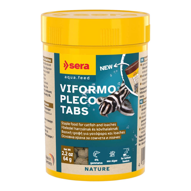 Sera Viformo Pleco Tabs container, staple food for catfish and loaches, enriched with sea algae and gammarus.