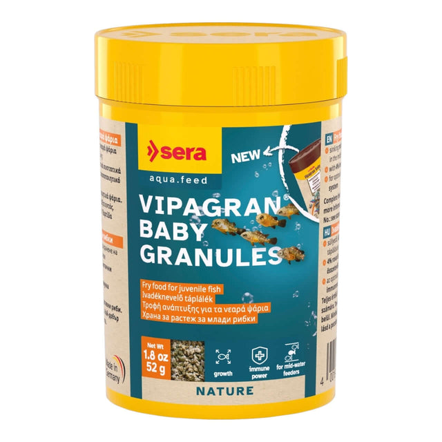 Sera Vipagran Baby Granules for juvenile fish, nutrient-rich fry food in a yellow container.