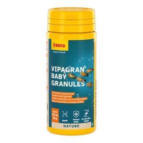 Sera Vipagran Baby Granules for juvenile fish, nutritious, sinking micro granules with 4% insect meal for optimal development.