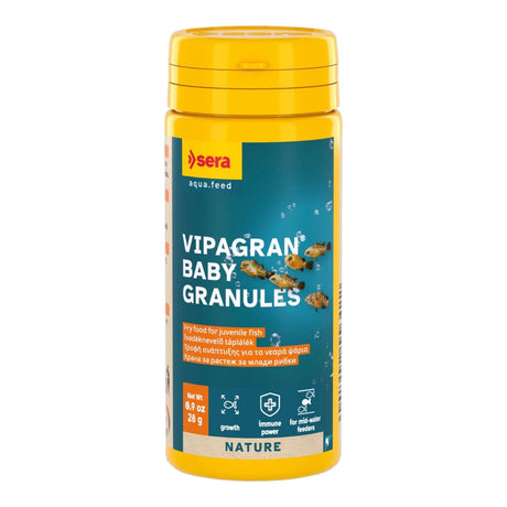 Sera Vipagran Baby Granules for juvenile fish, nutritious, sinking micro granules with 4% insect meal for optimal development.