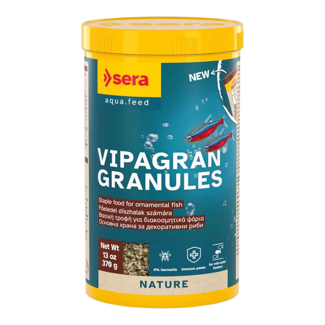 Sera Vipagran Granules 13 oz container, staple food for ornamental fish, rich in protein and prebiotics for healthy growth.