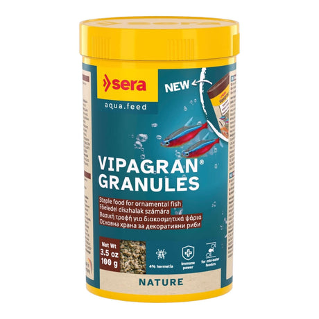Sera Vipagran Granules container for ornamental fish, featuring slow-sinking soft granules, 4% insect meal, 160g.