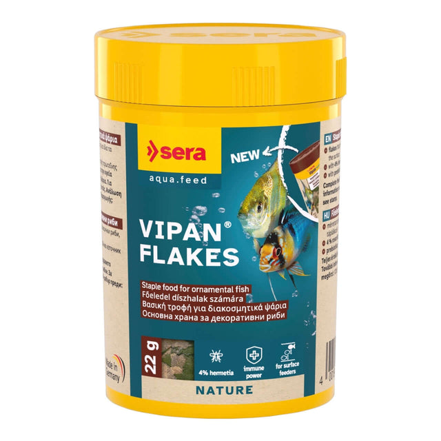 Sera Vipan Flakes, a staple food for ornamental fish, featuring 4% insect meal for healthy growth and water clarity.