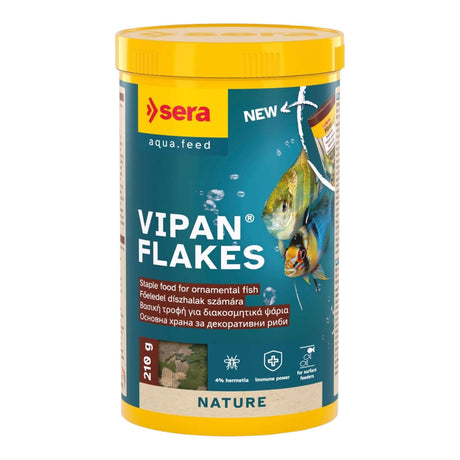 Sera Vipan Flakes 210g, staple food for ornamental fish, high-quality, protein-rich floating flakes for healthy growth.