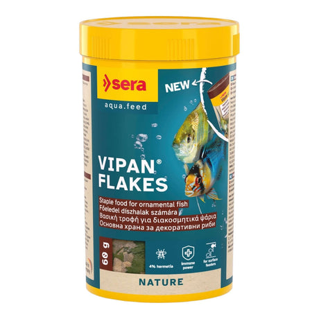 Sera Vipan Flakes for ornamental fish, 60g, floating flakes with 4% insect meal for healthy growth.