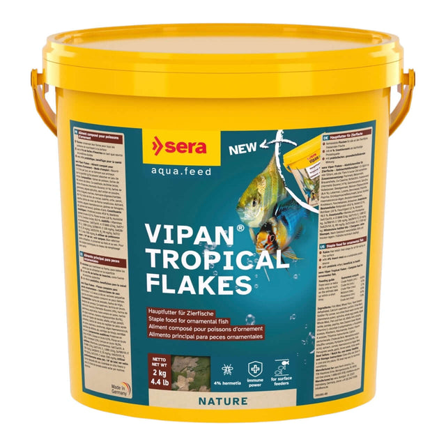 Sera Vipan Flakes 2kg container for ornamental fish, high-quality floating food with sustainable protein source.