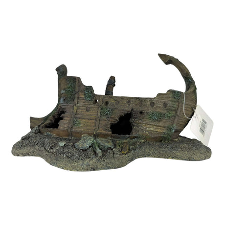 Shipwreck on Rocks aquarium ornament, detailed weathered vessel for decorative aquatic environments.
