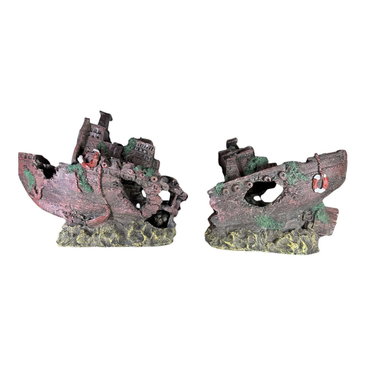 Shipwreck Two Halves Aquarium Ornament adding rustic charm to aquariums with intricate detailing and weathered look.