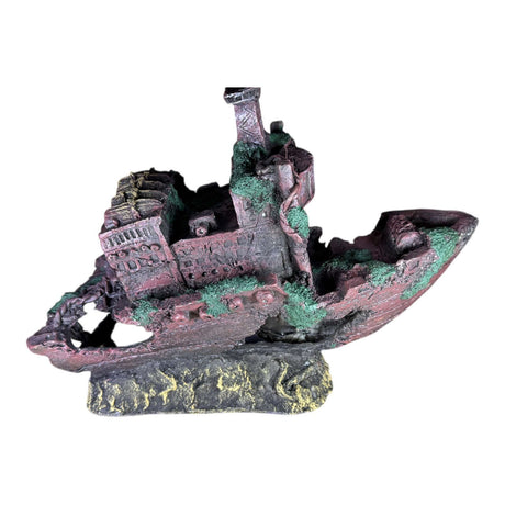 Shipwreck Two Halves aquarium ornament featuring rustic, detailed design and shades of reddish-brown for aquatic decor.