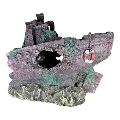 Intricately detailed Shipwreck Two Halves aquarium ornament with rustic design and vibrant colors.